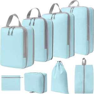 House of Quirk Compression Packing Cubes, 8 Set Travel Organizer Compressible Essentials (Light Blue)