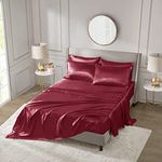 Madison Park Essentials Satin Sheet Set Luxury and Silky with Natural Sheen, Premium 16" Deep Pocket, All Around Elastic - Year-Round Bedding, King, Red, 6 Piece