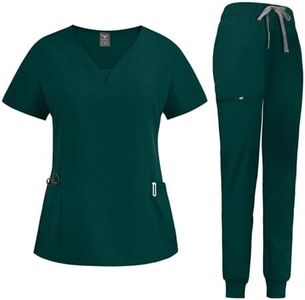 niaahinn Scrub Suit Set for Women Modern V-neck Top & Tapered Leg Jogger Pants with Drawstring Medical Nursing Uniforms Set (Deep Green, XL)