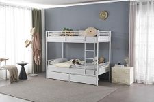 Karlhome Twin Over Twin Bunk Bed, Bunk Beds for Adults Kids Bunk Bed with 2 Drawers Double High Sleeper Bed with Ladder ＆ Guard Rails, Heavy Duty Metal BunkBeds for Teens - No Box Spring Needed, White