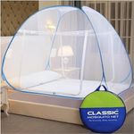 Classic Mosquito Net for Double Bed | King Size with a Mobile Pocket | Foldable Machardani | Polyester 30GSM Strong Net | PVC Coated Corrosion Resistant Steel Wire - Blue