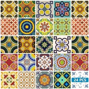 Backsplash Tile Stickers 24 Pc Set Traditional Talavera Tiles Stickers Bathroom & Kitchen Tile Decals Easy To Apply JUSt Peel And Stick Home Decor 4X4 Inch (Backslash Peel And Stick C)