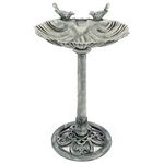 CHRISTOW Plastic Resin Bird Bath for Garden, Clam Shell Pedestal Birdbath, Traditional Style, Rustic Metal Effect, Standing Outdoor Water Bowl Feeder, 80cm x 50cm x 38cm (Grey)