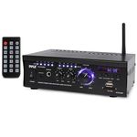 Pyle Bluetooth Computer Speaker Amplifier - 2x120 Watt Home Stereo Power Amplifier Home Audio Receiver System W/Blue Led Display, USB/SD, AUX, RCA, Headphone Jack - Remote - PCAU46BA