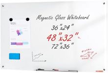 VEVOR Magnetic Glass Whiteboard, Dry Erase Board 48"x32", Wall-Mounted Large White Glassboard Frameless, with Marker Tray, an Eraser and 2 Markers, White