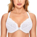 Delimira Women's Front Fastening Bra Racer Back Lace Plus Size Non Padded Underwired White 42C