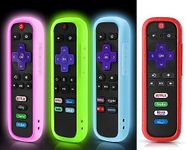 4 Pack Case for Roku Remote, Cover for Hisense/TCL Roku TV Steaming Stick/Express, Silicone Protective Controller Universal Replacement Sleeve Skin Glow in The Dark Pink Green Blue with Lanyards