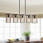 9MMML 41.5" Kitchen Island Lighting,5 Lights Dining Room Light Fixtures, Rustic Farmhouse Height Adjustable Wood Chandeliers for Kitchen, Pool Table Lights, Black Body+Wood Frame,E26.