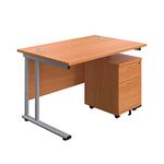 Office Hippo Professional Cantilever Office Desk With 2 Drawer Mobile Pedestal, Wood, Beech, Silver Frame, 120 x 80 x 73 cm