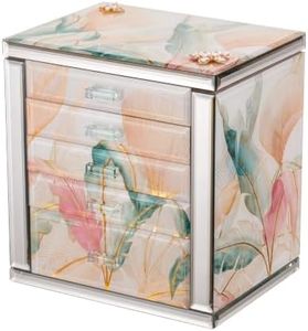 Homruilink High End Glass Jewelry Box for Women, 5 Layer, Pink Floral