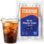 16 oz Clear Plastic Cups with Strawless Sip-Lids [50 Sets] PET Crystal Clear Disposable 16oz Plastic Cups with Lids - Crystal Clear, Durable Cup - BPA Free + Crack Resistant, for Coffee, Juice, Shakes