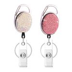 Retractable Badge Holders 2 Pack Badge Reel with Bling Rhinestones Crystal Retractable Keychain Heavy Duty ID Card Holders Key Ring（Pink/AB Color