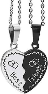 MJartoria BFF Necklace for 2, Best Friend Necklaces Split Heart Silver Black Best Friends Forever Pendant Friendship Necklace Jewelry Birthday Gifts for Women, Metal, No Gemstone