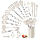 Herogo Kitchen Utensils Set, 25 Pcs Silicone Cooking Utensil with Holder, Heat Resistant Stainless Steel Handle for Non-Stick Cookware, Turner Spatula Spoon Kitchen Tools Set, Khaki