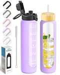 Nefeeko 32 oz Glass Water Bottles with Straw, Motivational Glass Water Bottle with Time Marker, 1 Liter BPA FREE Leakproof Reusable Glass Water Bottle with Silicone Sleeve, Bamboo Lid, Spout Lid (D)