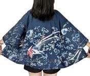 LAI MENG FIVE CATS Women's Lucky Cat Cardigan Floral Print Kimono Tops Casual Loose Blouse Cover up, 12926 Blue, One Size