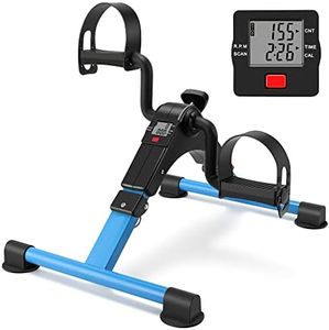 Folding Pedal Exerciser Mini Exercise Bike Portable Peddler Under Desk Bike with LCD Display for Arms and Legs Workout (Blue)