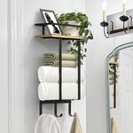 Luxspire Towel Racks for Bathroom Wall Mounted, Metal Towel Holder with Wooden Floating Shelf & 3 Hooks, Rolled Bath Towel and Hand Towel Storage for Bathroom, Bathroom Wall Organizer, Black + Wood