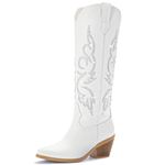 Platikly White Cowboy Boots for Women - Wide Calf Knee High Rhinestone Cowgirl Boots, Women's Sparkly Western Country Boots, Embroidered Glitter Sparkle Ladies Tall Boots, Botte Cowboy Femme, US 9.5