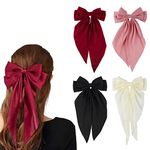 4PCS Silky Satin Big Hair Bow Clips Barrettes with Long Tail, French Hair Ribbon Bows for Women Girls, LIOUCBD 4 Colors Bowknot Hair Accessories -Black, White, Red, Pink