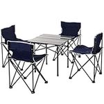 Outsunny Folding Picnic Table with 4 Stools and Carry Bag, Portable Camping Table and Chairs Set w/Aluminum Roll-up Tabletop for Indoor Outdoor Travel Party BBQ