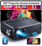 Mini Projector 1080P Full HD, ClokoWe 5G WiFi Bluetooth 15000L Portable Projector 4K Supported with 100“ Screen, Home & Outdoor 300" LED Movie Video Projector for TV Stick, Android, iOS