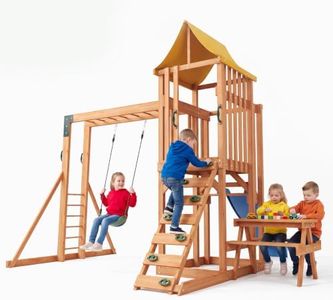 SunSwell Wooden Swing Sets for Backyard- Outdoor Playset with 2 in 1 Outdoor Table, 6FT Wave Slide, Climbing Wall, and Belt Swing, Playground Sets with Monkey Bar