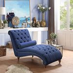 Wooden Luxury Handicraft Fabric Single Modern Lounge Lazy Sofa Bed Chair Recliner Couch Wooden Legs for Home Living Room Bedroom Rest Room (Blue)