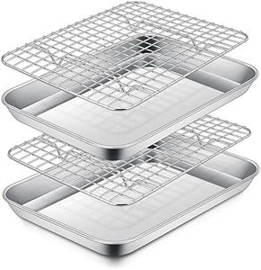 P&P CHEF 9 Inch Toaster Oven Pan and Rack, Stainless Steel Mini Toaster Oven Trays and Baking Racks Set for Meat Cookie, Oven & Dishwasher Safe, (2 Pans + 2 Racks)