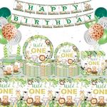 Jungle Safari Birthday Party Tableware - 132 Pcs Kit For 20 Guests Safari Party Tableware kit Wild One Birthday Plates Cups Jungle Tablecloth Safari Party Balloon for Kids Boy Girl 1st Animal Birthday