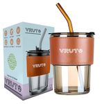 Vruta Leather Grip Coffee Cup Tumbler with Lid and Silicon Straw Coffee Mug Tea Cup Travel Mug, Glass Coffee Mugs for Dual Use for Kids Coffee Mug Fruit Juice Travel Mug (Pack of 1)