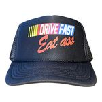 Drive Fast Eat Ass Hat Snapback Trucker Hat for Men or Women, Vintage Fit with Funny Novelty Graphic, Custom Mesh Hat Black, Black, Medium-X-Large