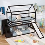 Giantex House Bunk Bed Twin Over Twin with Slide and Storage Stairs, Solid Wood Low Loft Bed Frame with Roof & Guardrail, No Box Spring Needed, House Bunk Beds for Kids Teens, Espresso