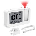 CHEREEKI Projection Alarm Clock, Digital Projector Clock Mains Powered Bedside with Big Digit Display, Indoor Temperature Display, Snooze, 4 Adjustable Brightness for Bedroom, Home (White)