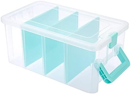 BTSKY Clear Plastic Dividing Storage Box with 4 Deep Compartments Adjustable Storage Bin with Lid Portable Craft Storage Container Multipurpose Sewing Box Art Supply Organizer, 13.9x7.9x6.2 Inches