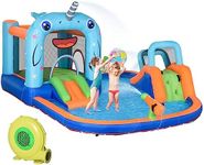 Outsunny 5-in-1 Inflatable Water Slide, Narwhals Style Kids Castle Bounce House Includes with Slide Trampoline Pool Water Gun Climbing Wall, Carry Bag, 450W Air Blower