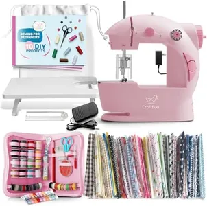 CraftBud Mini Sewing Machine for Beginners, Dual Speed Small Portable Sewing Machine for Kids and Adults with Extension Table, 122 Piece Gift Set Includes, Fabrics, Projects Book, Light and More, Pink