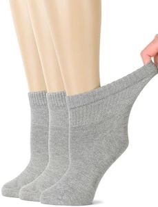 HUGH UGOLI Women's Bamboo Ankle Loose Fit Diabetic Socks, Soft, Seamless Toe, Wide Stretchy, Non-Binding Top, 3 Pairs, Light Grey, Shoe Size: 10-12