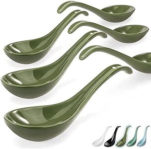 Artena 6.75 inch Solid Asian Soup Spoon Set of 6,Ultra-fine Porcelain Japanese Soup Spoon,Ramen Spoons for Pho Noodles Miso, Chinese Soup Spoons for Dumpling Wonton Cereal, Deep Oval Hook Design-Green