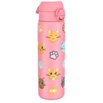 Ion8 Steel Water Bottle, 600 ml/20 oz, Leak Proof, Easy to Open, Secure Lock, Dishwasher Safe, Flip Cover, Fits Cup Holders, Carry Handle, Durable, Metal Water Bottle, Raised Print, Cats Design