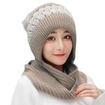 Richmen Women's Knitted Hat Winter Plush Velvet Warm Woolen Cap Neck Scarf | Twist Color Fuzzy Slouchy Beanie Monkey Cap with Muffler for Ski Hiking Outdoor Girls & Ladies (Brown)