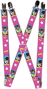 Buckle-Down Suspenders, Batgirl Face Pose with Logo and Stars Pink/White/Yellow, 1-Inch Wide