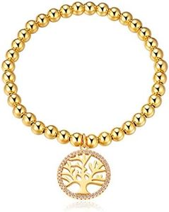 ChicSilver 14K Gold Plated Sterling Silver 5mm Bead Ball Chain Bracelet with Tree of Life Charm Bracelet for Women