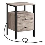 HOOBRO End Table with Charging Station, Bedside Table with 2 Drawer & USB Ports & Power Outlets, Nightstand for Small Spaces, Stable and Sturdy, for Living Room, Bedroom, Greige and Black BG431BZ01G2