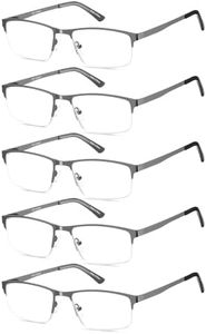 Eyecedar 5-Pack Reading Glasses Men Metal Frame Spring Hinges Rectangle Style Stainless Steel Material Readers +2.00