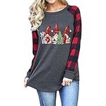 Fuyxxmer Womens Christmas Gnomes Plaid Shirt Graphic Shirt Gnome Tee Raglan Baseball Top Holiday Clothes