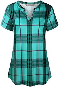 Miusey Plaid Shirt Womens Henley V Neck Summer Tops for Women 2022 Short Sleeve Flattering Curved Hem Basic Comfortable Casual Loose Flowy Printed Tops Outdoor Activities Green L