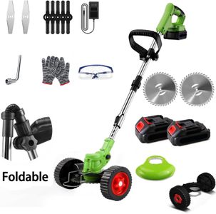 Cordless Electric Grass Strimmer 21V – 2 Batteries, Adjustable Blades, Telescopic Lightweight Garden Trimmer with Roller, Green