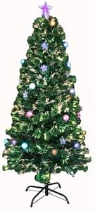 4Ft/120cm Fibre Optic Christmas Tree with Star Topper - Baubles and Stars Decorations - Pre-Lit Green Artificial Xmas Tree - Multicolor Changing Lights