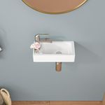 Floating Vessel Sink - Sarlai Wall Hang Small Bathroom Sink Modern Rectangle Floating White Porcelain Ceramic Garden Wash Hand Sink, Left Hand 370x185x89mm(WxDxH)